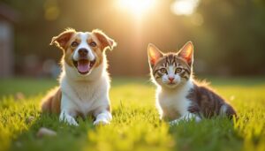 Dog and kitten lying together on sunny green grass