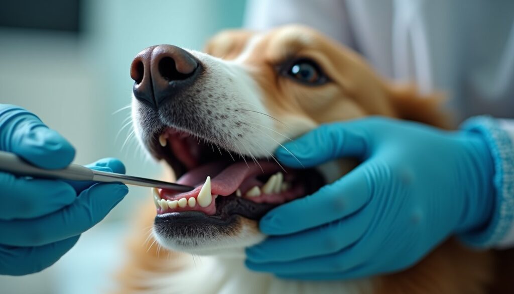 Veterinarian in blue gloves examining a dog's teeth